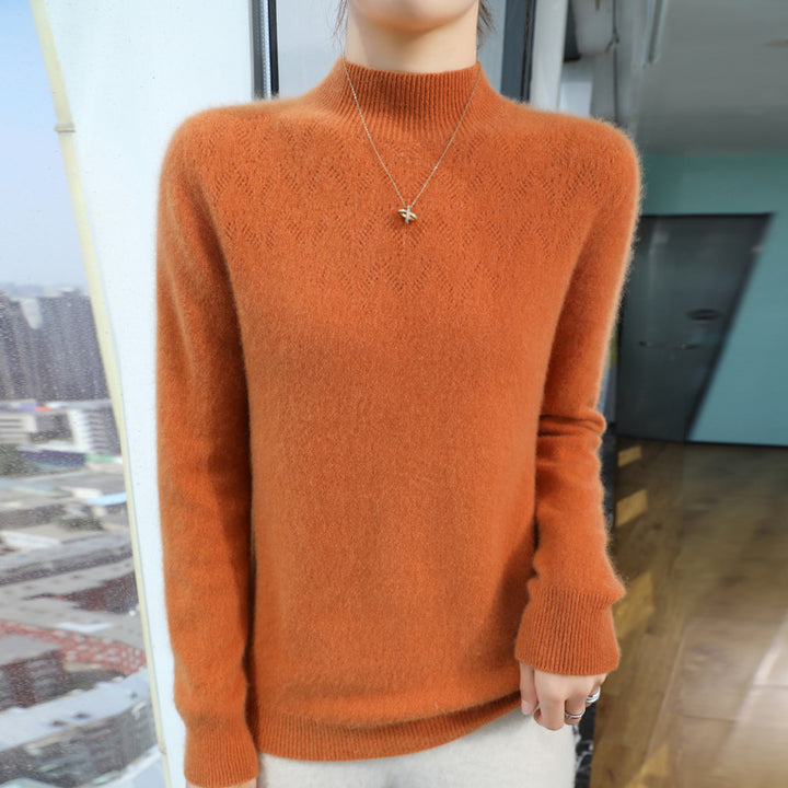 Women Slim Minimalist Stand Collar Fine Knit Sweater with Ribbed Neck Mune Fashion