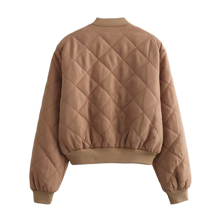 Women's quilted bomber jacket with diamond quilting, ribbed cuffs, and concealed snap button placket Mune Fashion