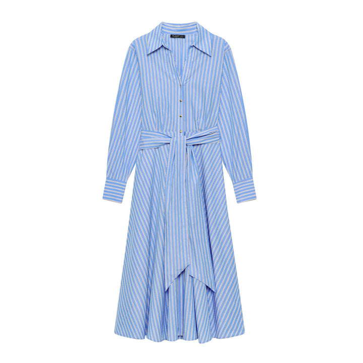 Women's striped shirt dress with tie belt, long cuffs and asymmetrical pointed hem Mune Fashion