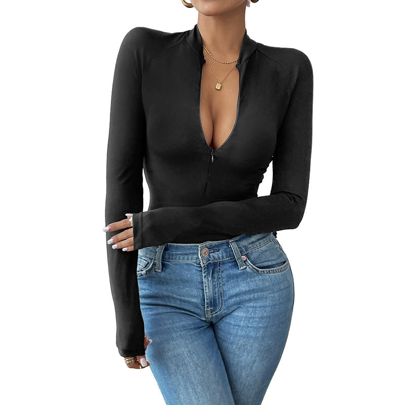 Women's Fitted Long Sleeve Top with Short Zipper and Deep V-Neck Mune Fashion