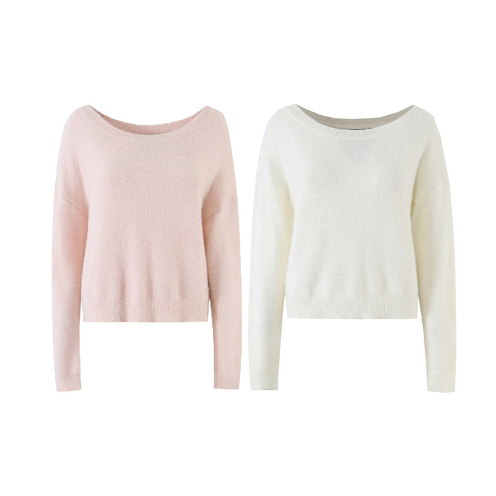 Women's Soft Cropped Sweater with Boat Neck and Oversized Shoulders Mune Fashion