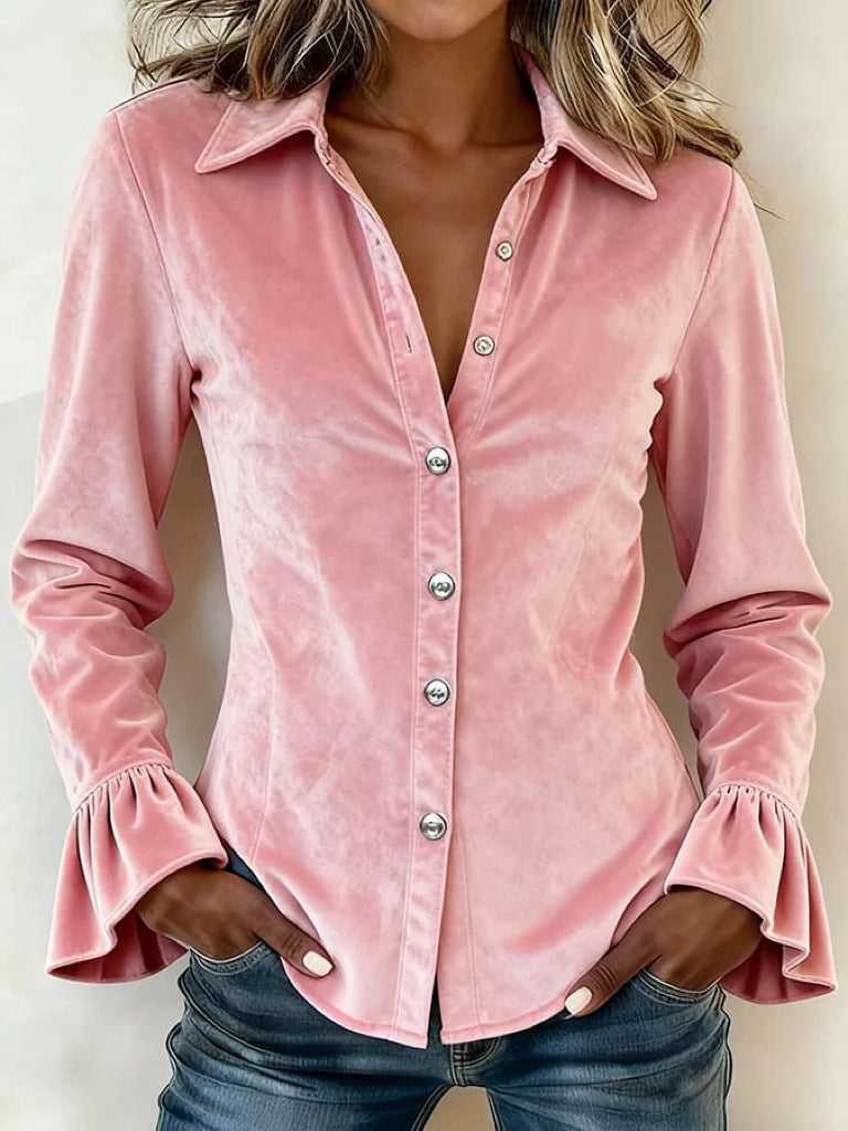 Women Tailored Velvet Blouse with Lapel Collar, Button Placket and Ruffle Sleeves Mune Fashion