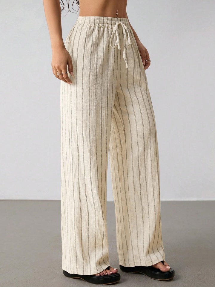 Women's Wide Knit Pants with High Waist and Drawstring Mune Fashion