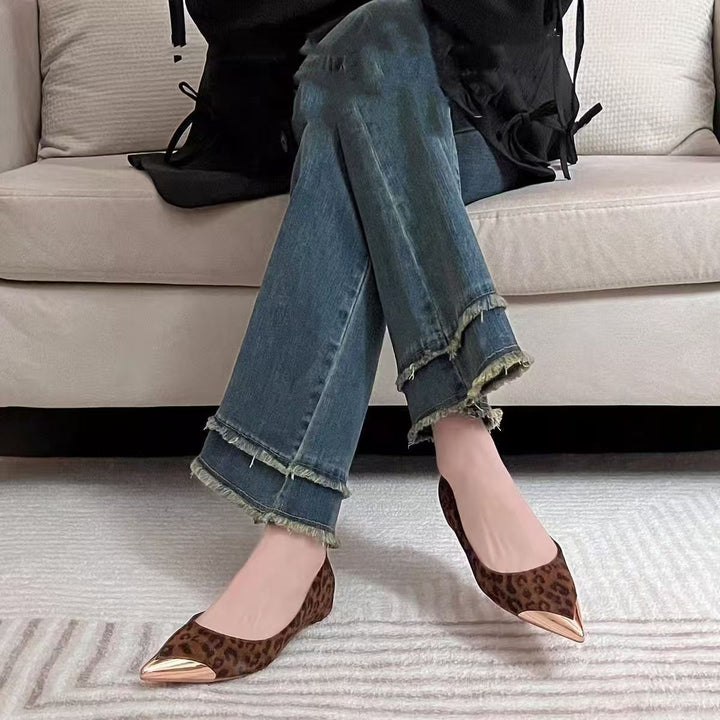 Women's pointed-toe ballet flats with leopard print and metallic cap toe Mune Fashion