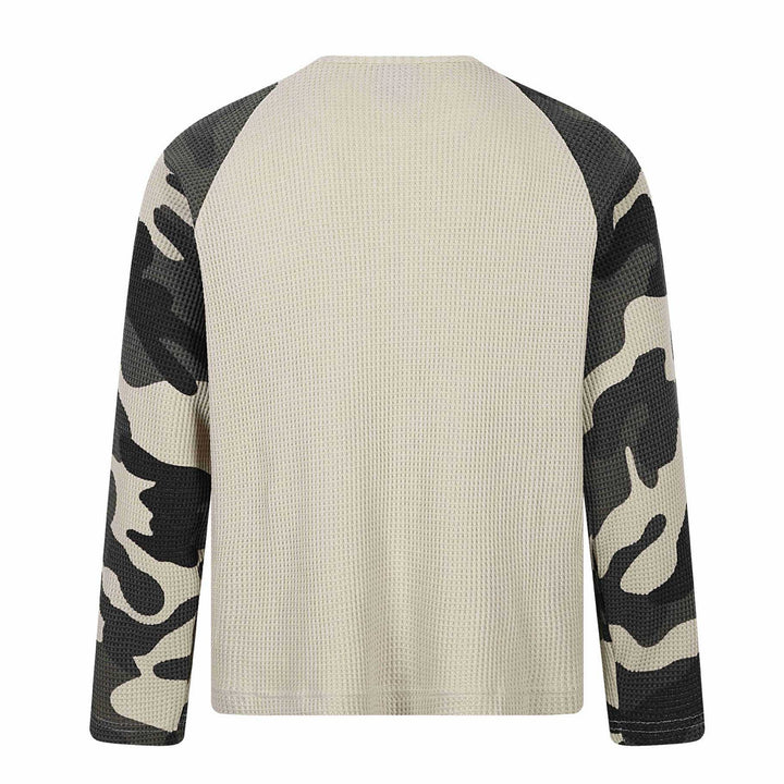 Unisex Waffle Knit Long Sleeve Shirt with Raglan Sleeves and Camouflage Details Mune Fashion