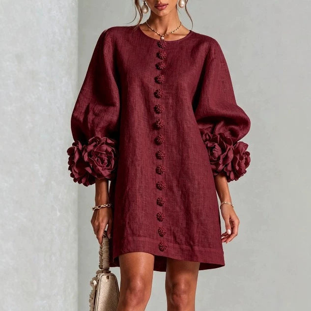 Women’s midi dress with voluminous puff sleeves, 3D flower button placket and linen texture Mune Fashion