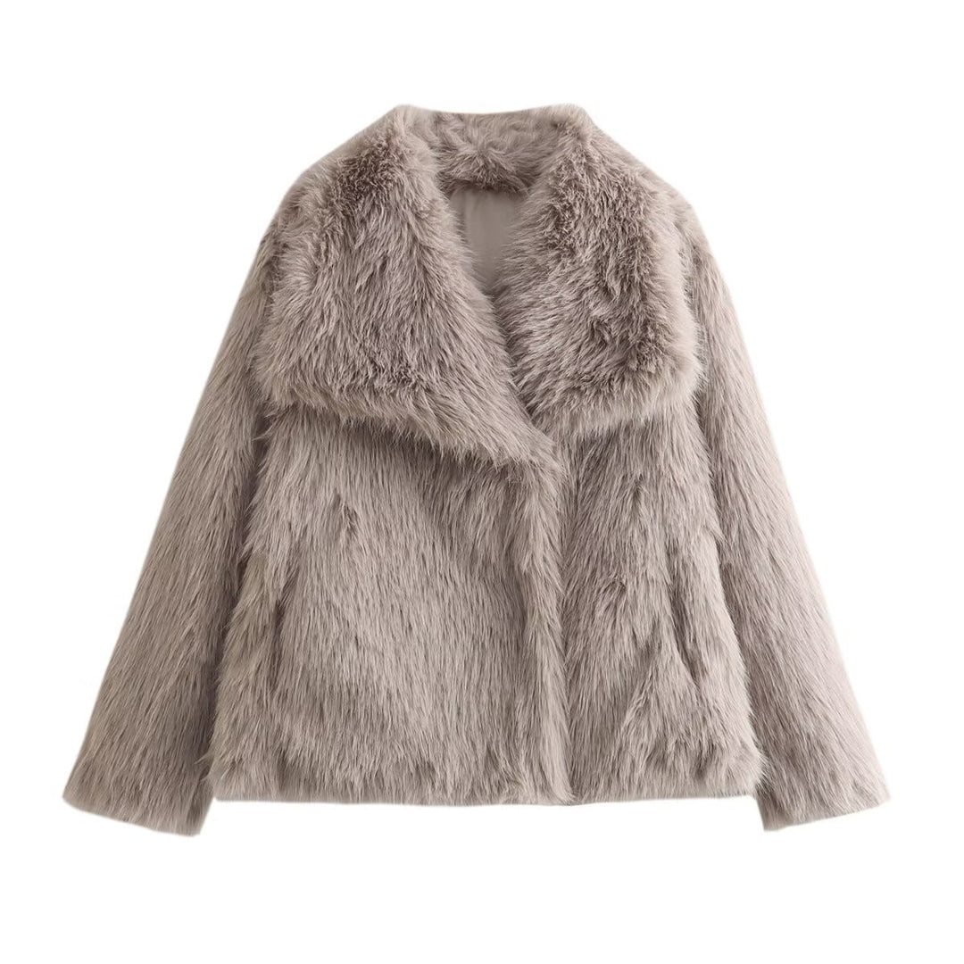 Ladies Short Boxy Faux Fur Jacket with Wide Shawl Collar and Long Fiber Faux Fur Mune Fashion