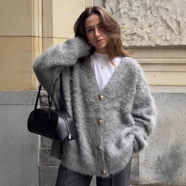Women Fluffy Mohair-Optic Oversized Cardigan with V-Neck and Gold Decorative Buttons Mune Fashion