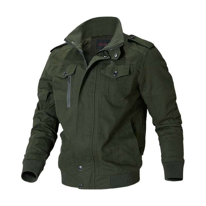 Men's robust canvas bomber jacket in field style with epaulettes, concealed snap button placket, and functional pockets.