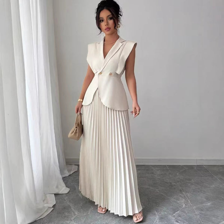 Women’s sleeveless fitted blazer set with pleated maxi skirt Mune Fashion