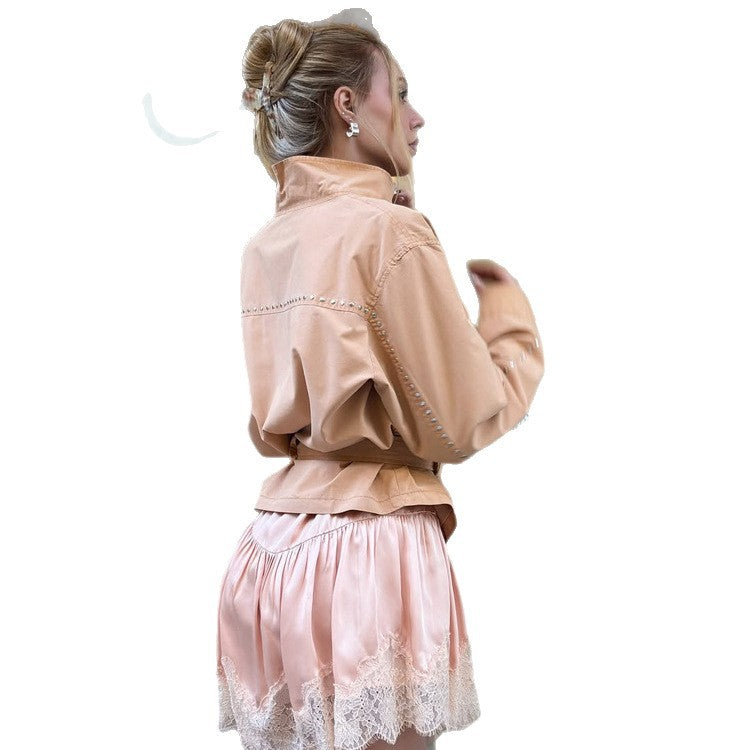 Women's satin lace mini skirt with luxurious shine and delicate lace trim Mune Fashion