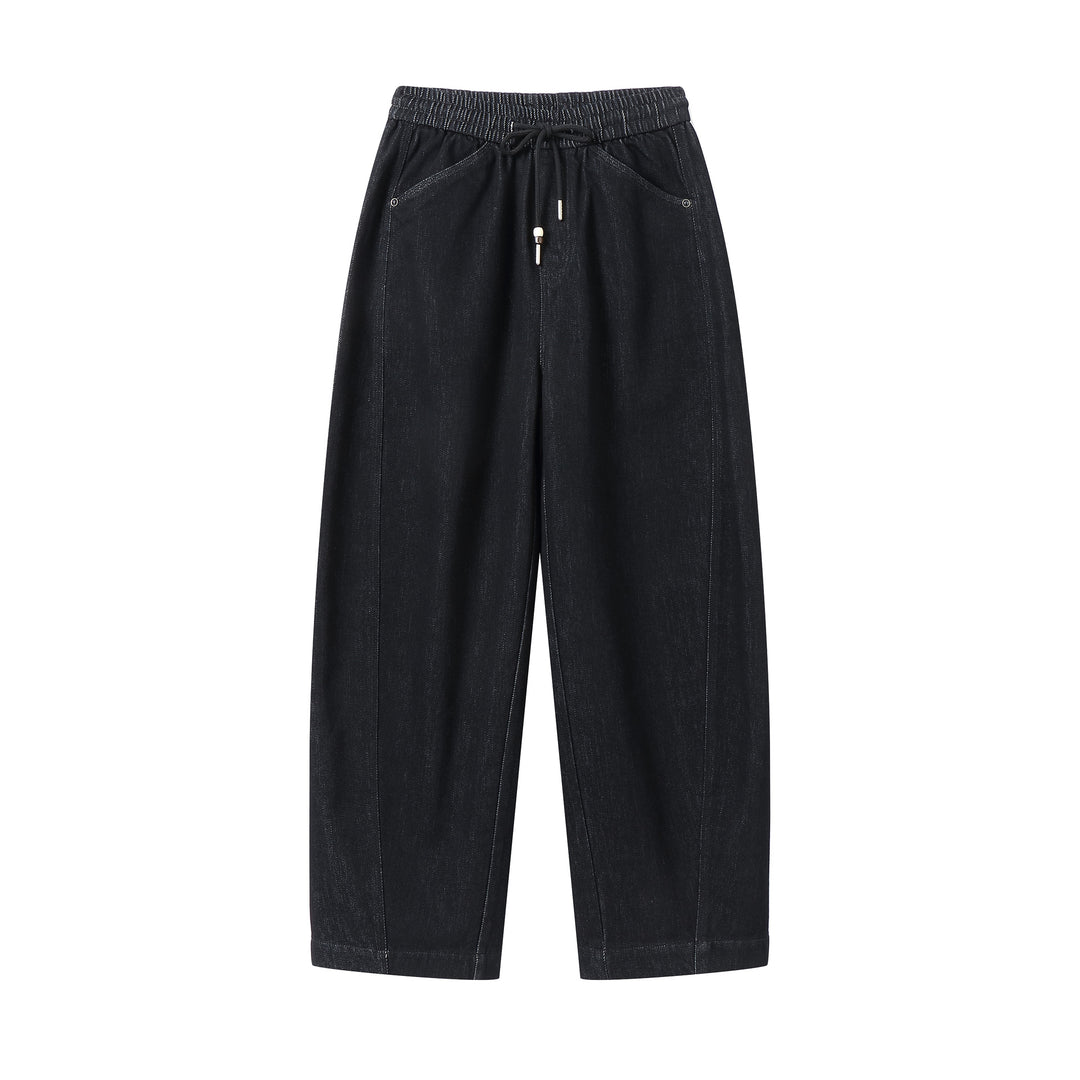 Women's loose cropped denim pants with elastic waistband, drawstring and side pockets Mune Fashion