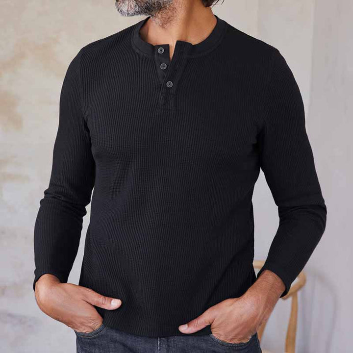 Men's Long Sleeve Waffle Knit Henley Shirt made of Thermal Cotton Blend Mune Fashion