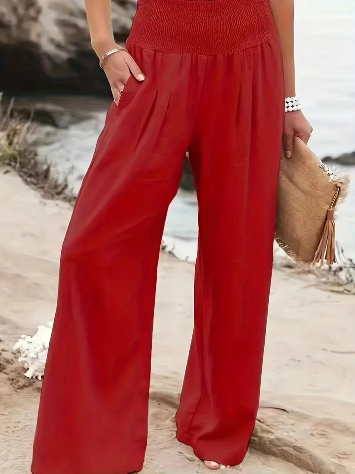 Women's Wide Linen Pants with Smocked Band and Side Pockets Mune Fashion
