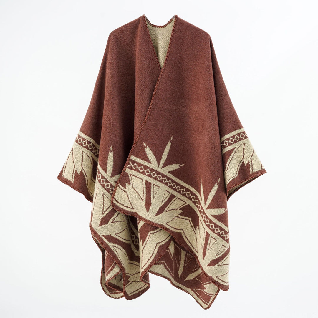 Women's Coarse Woven Poncho Cape made of Wool Blend with V-Neck and Ornamental Jacquard Mune Fashion