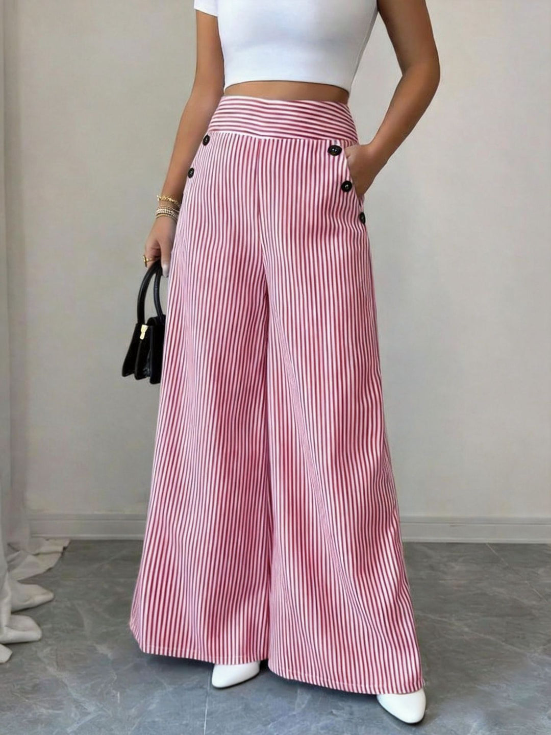 Women's high-waisted palazzo pants with maritime button details and wide leg Mune Fashion