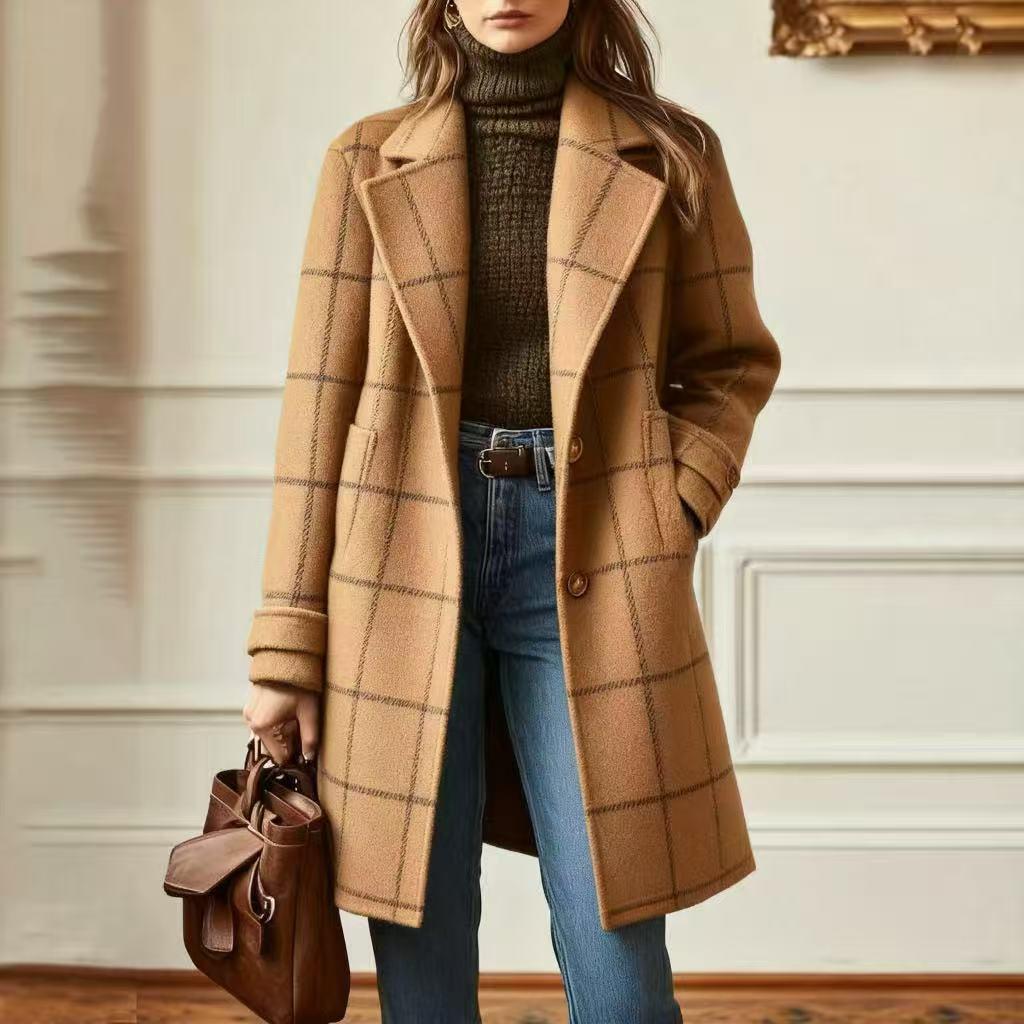 Women's checked wool blend coat with lapel collar, patch pockets, and tailored silhouette Mune Fashion