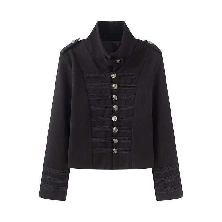 Women's short jacket in hussar style with stand-up collar, decorative cords and metal button placket Mune Fashion