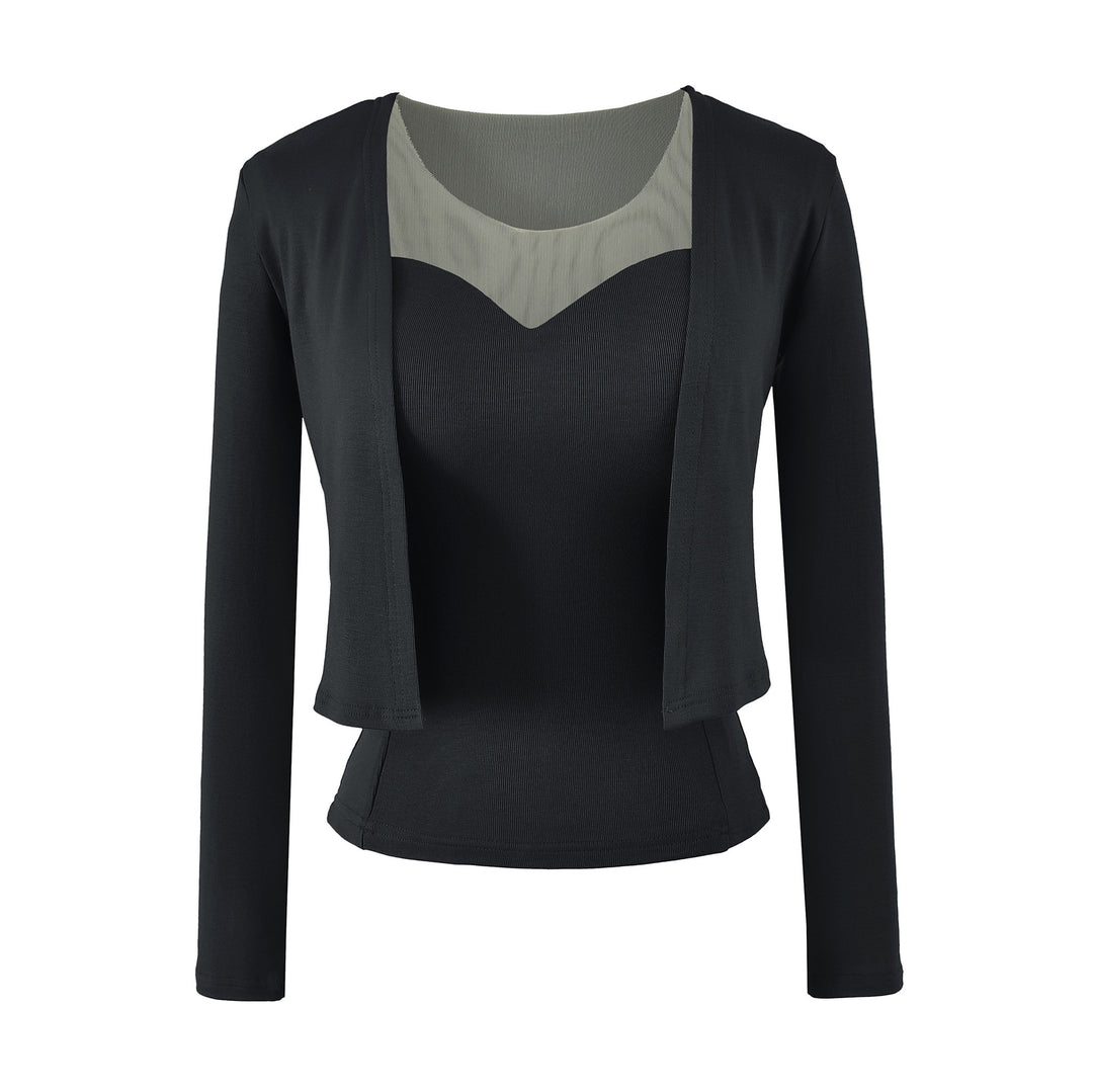 Ladies Two-Piece Fine Knit Top Set with Mesh Insert and Open Cardigan Mune Fashion