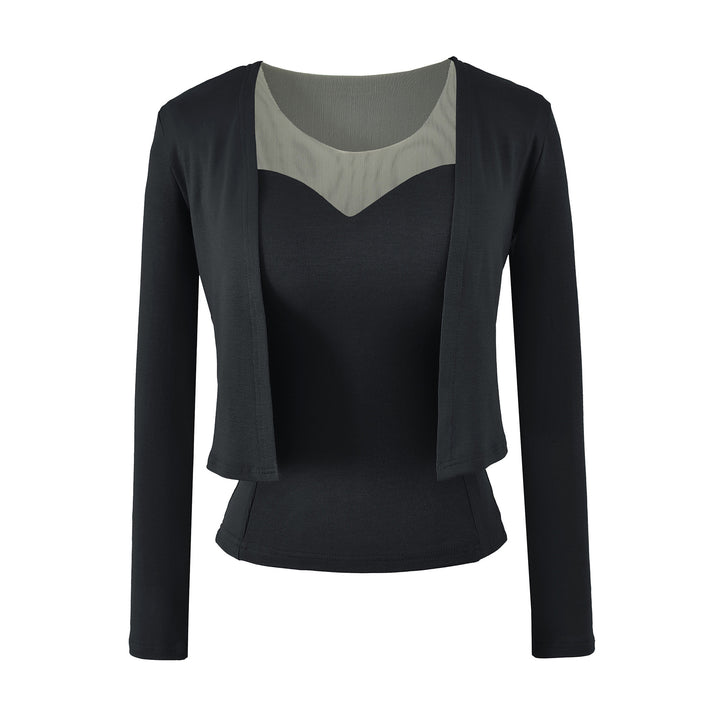 Ladies Two-Piece Fine Knit Top Set with Mesh Insert and Open Cardigan Mune Fashion