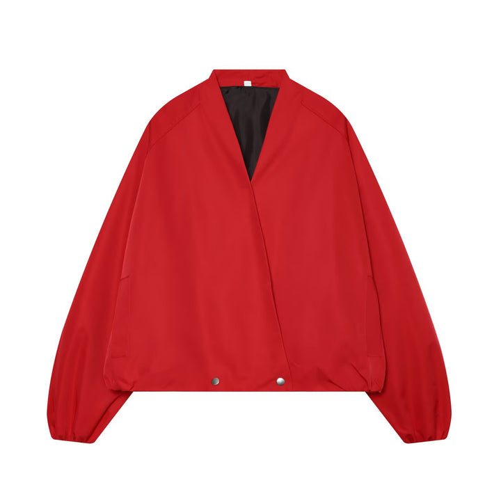 Women's bomber-style short jacket with kimono collar, balloon sleeves, and elastic hem Mune Fashion