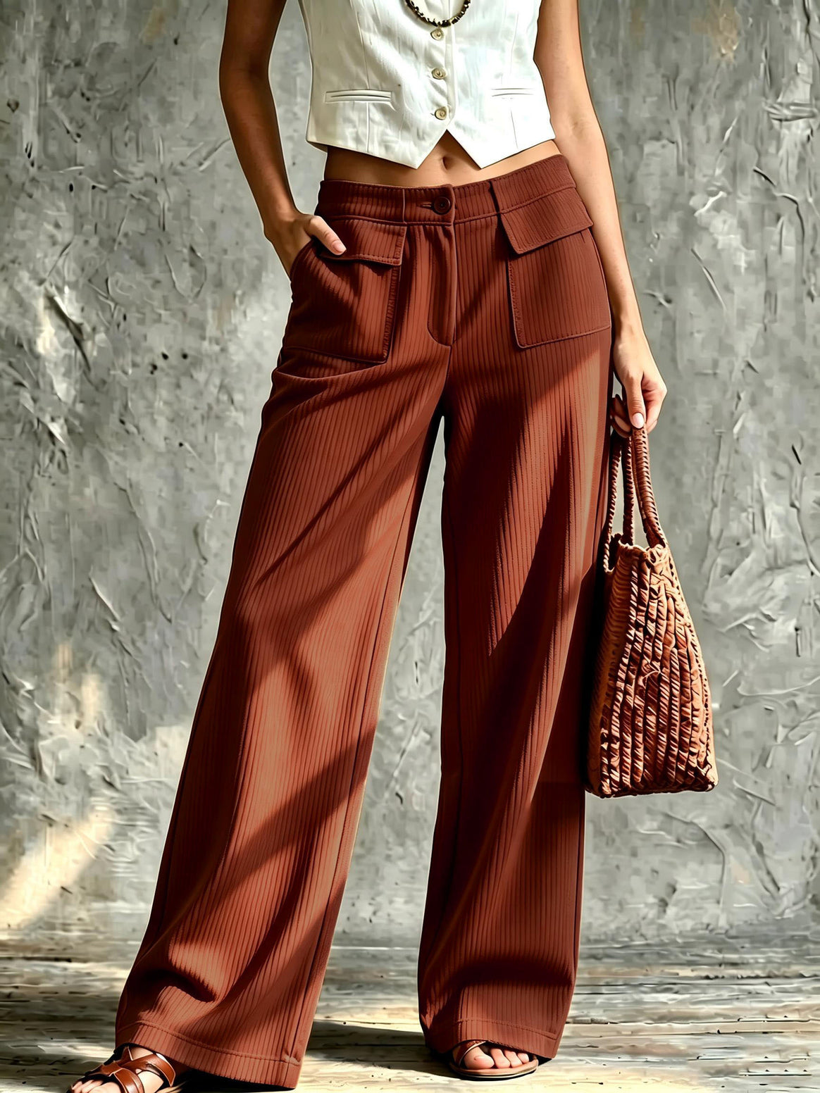 Women's Wide Cord Palazzo Pants with High Waist and Flap Pockets Mune Fashion