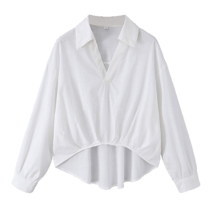 Women's oversized blouse with deep V-neck, shirt collar, and gathered front hem Mune Fashion