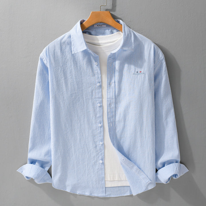 Men's Light Long Sleeve Shirt with Fine Pinstripes and Chest Embroidery Mune Fashion
