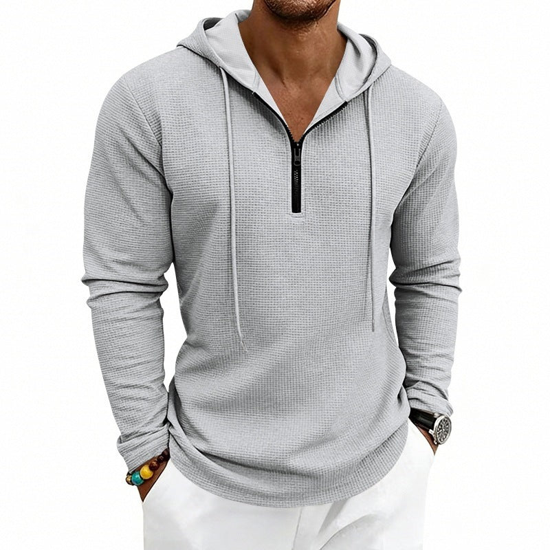 Men's Casual Waffle Fabric Hoodie with Half Zipper and Hood Mune Fashion