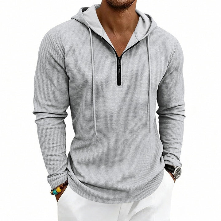 Men's Casual Waffle Fabric Hoodie with Half Zipper and Hood Mune Fashion