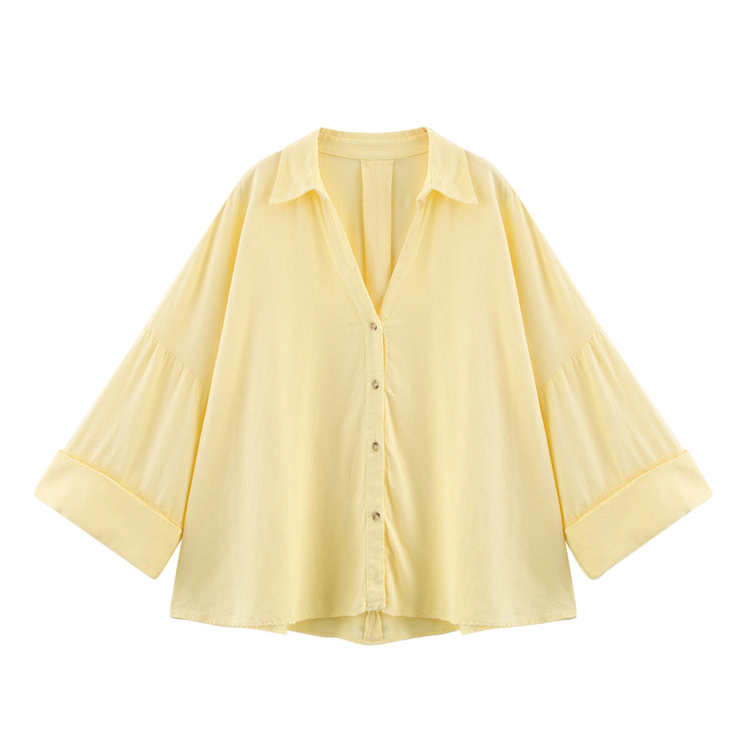 Women oversized striped shirt blouse with dropped shoulder, 3/4 sleeves and extended back hem Mune Fashion
