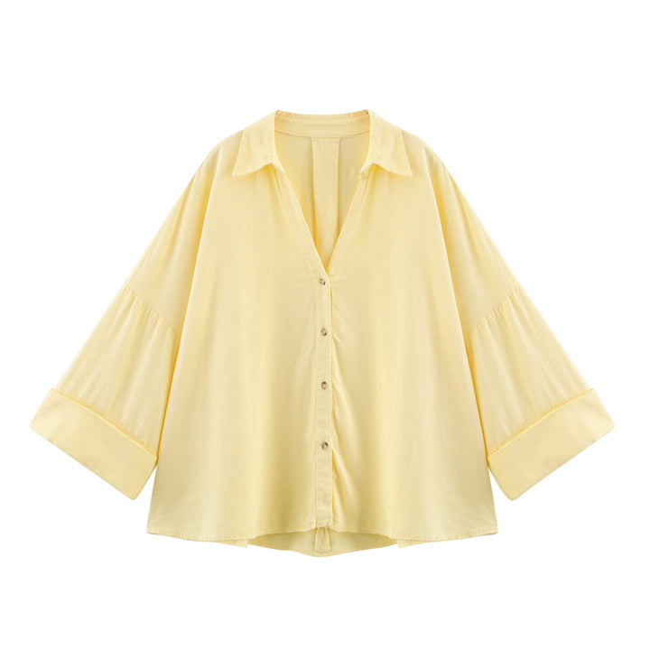 Women oversized striped shirt blouse with dropped shoulder, 3/4 sleeves and extended back hem Mune Fashion