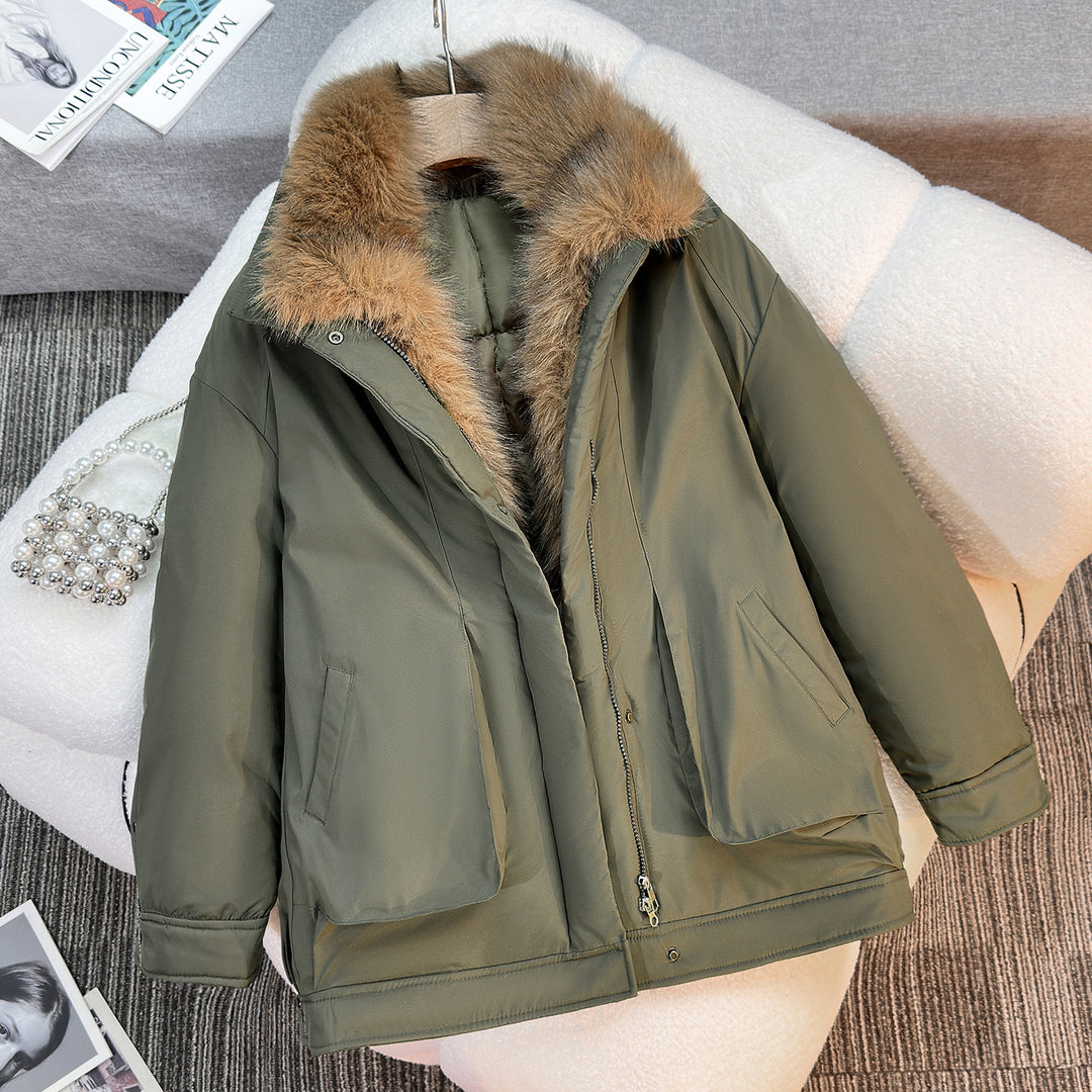 Women's mid-length windproof winter parka with detachable faux fur collar, padded inner flap and asymmetrical hem Mune Fashion