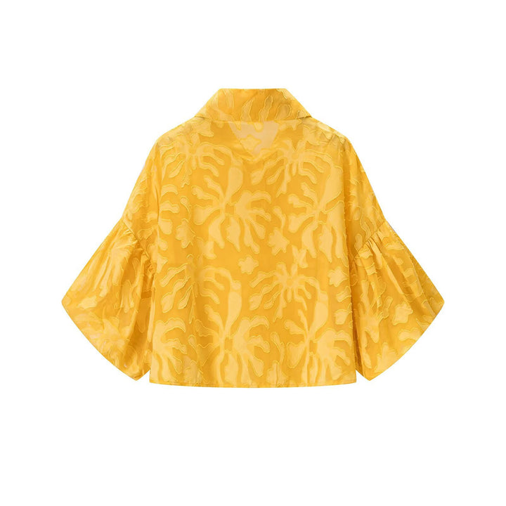 Women's Transparent Organza Blouse with Loose Fit, Volume Sleeves and Shirt Collar Mune Fashion