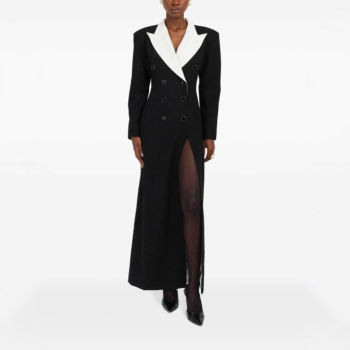 Women's Double-Breasted Long Blazer Dress with Tailored Silhouette and Contrast Lapels Mune Fashion