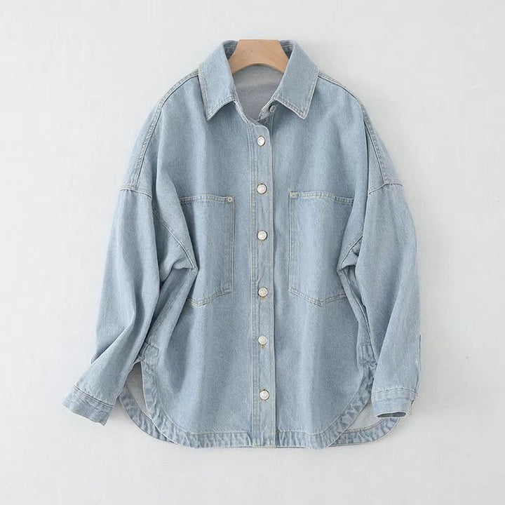 Women Oversized Jeans Shirt Jacket with Patch Pockets and Rounded Hem Mune Fashion