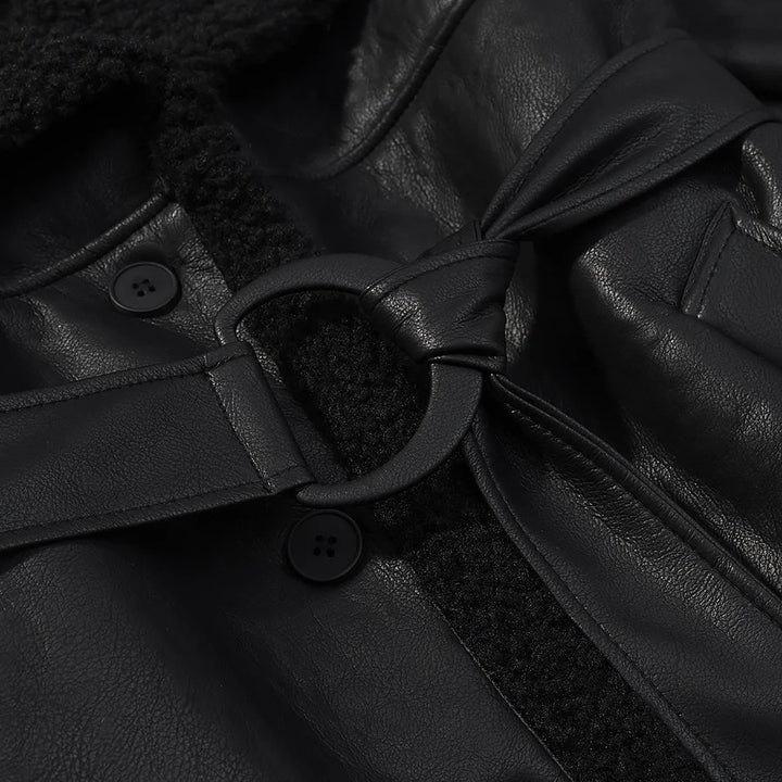 Women nan longer faux leather coat with teddy lining, wide shawl collar and tie belt Mune Fashion