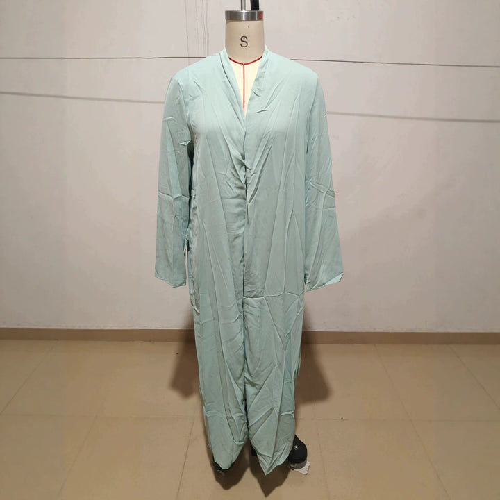 Women Long Kaftan Coat with Flowing V-Neck Draping Drune