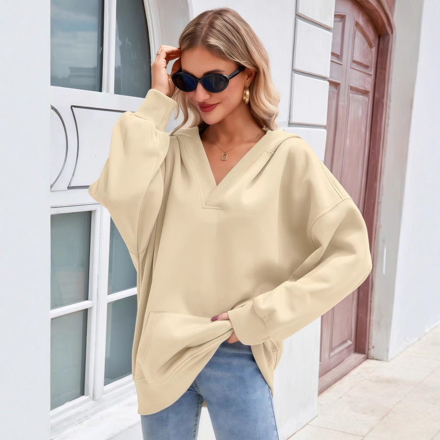 Women's Oversized V-Neck Hoodie with Hood, Kangaroo Pocket and Extended Hem Mune Fashion