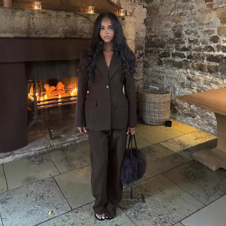 Women Two-Piece Tailored Blazer-Pants Set with Tailored Cut and Wide Palazzo Pants Leg Drune