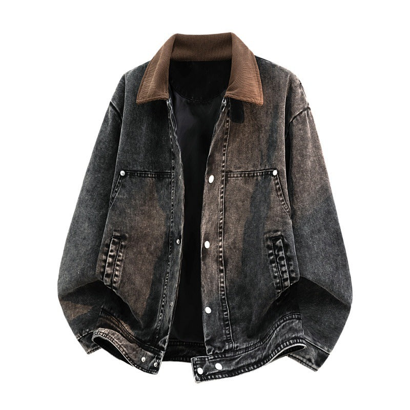 Men's Oversized Jeans Jacket in Used Look with Cord Collar & Snap Button Front Mune Fashion