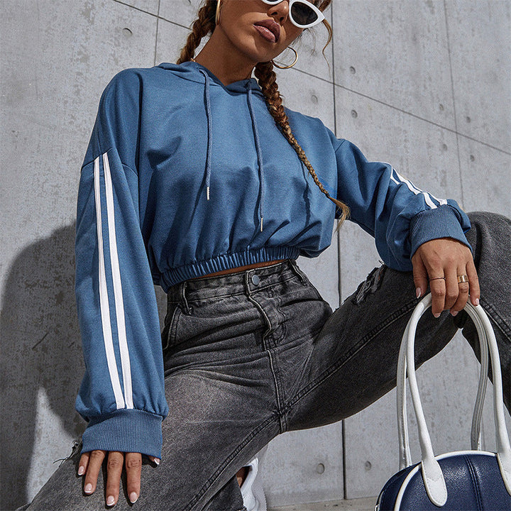Women's short-cut hooded crop sweatshirt with drawstring, elastic hem, and contrast stripes Mune Fashion