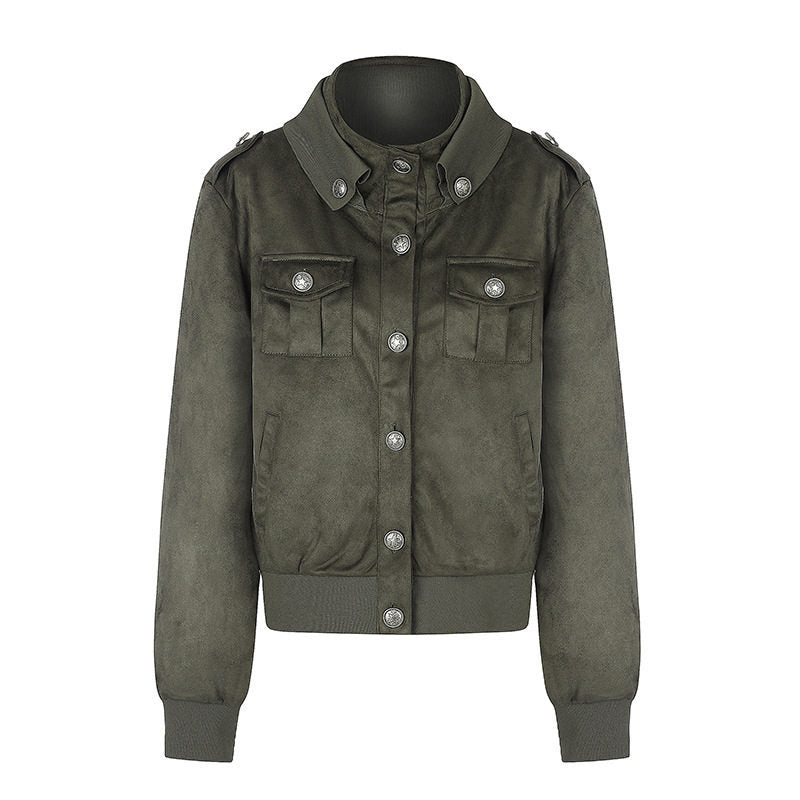 Women's Short Cut Velvet Velours Bomber Jacket with Decorative Buttons and Epaulets Mune Fashion