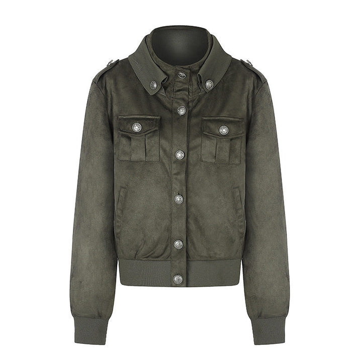 Women's Short Cut Velvet Velours Bomber Jacket with Decorative Buttons and Epaulets Mune Fashion