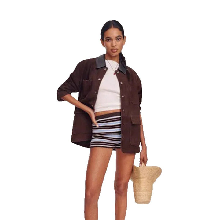Women's Oversized Utility Jacket in Suede Look with Contrast Collar & Patch Pockets Mune Fashion