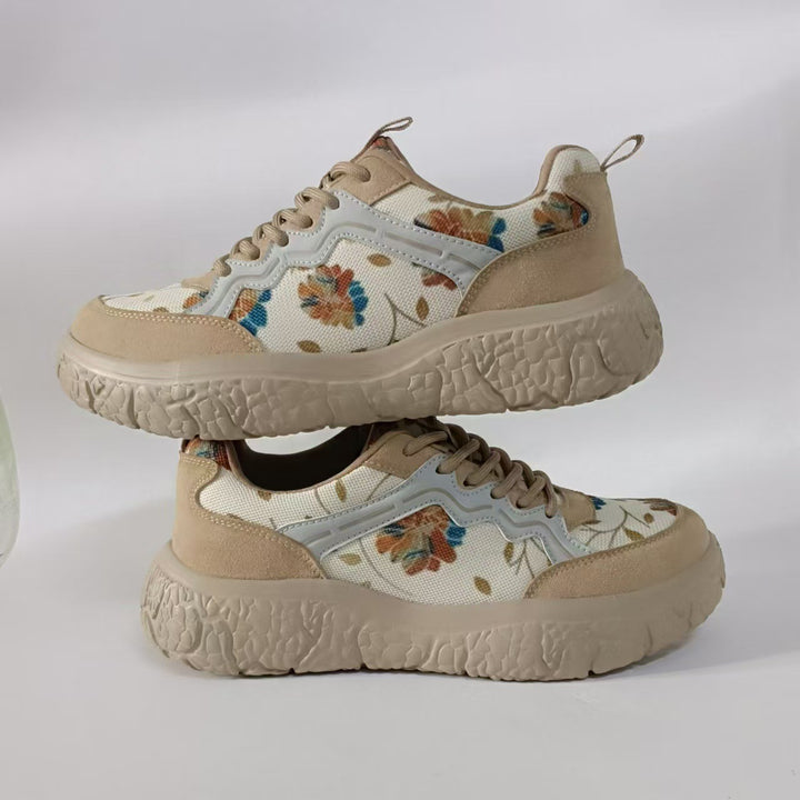 Women's fashionable platform sneakers with floral canvas pattern and suede trim Mune Fashion