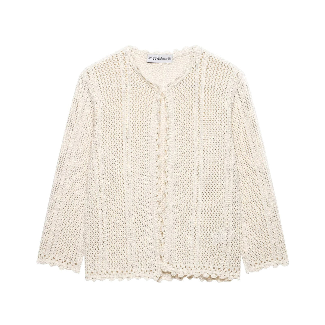 Ladies Crocheted Short Cardigan with Scallop Edge and Eyelet Pattern Mune Fashion