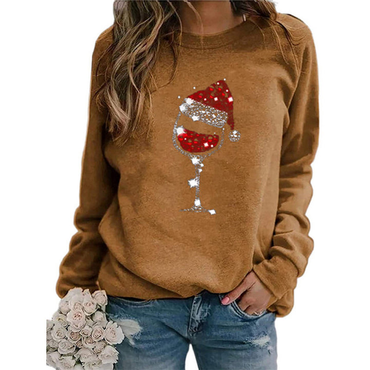 Women's Christmas Sweatshirt with Sequin Wine Glass and Round Neckline Mune Fashion