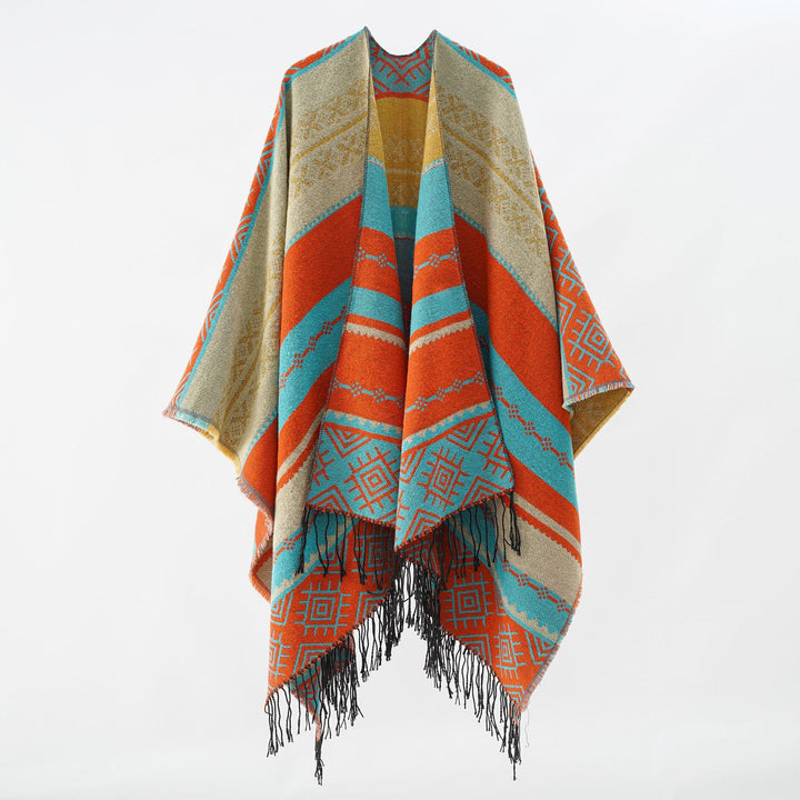 Women's Structured Web Cape in Ethno-Jacquard with Fringe Hem Mune Fashion