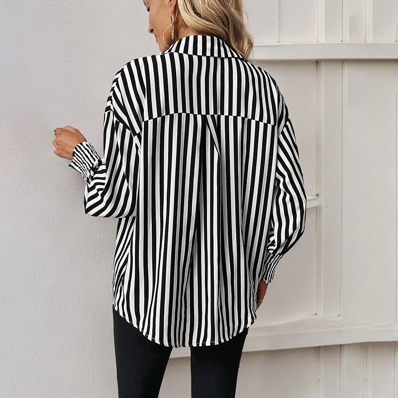 Women Oversized Shirt Blouse with Vertical Stripes, Classic Collar and Gathered Cuffs Mune Fashion